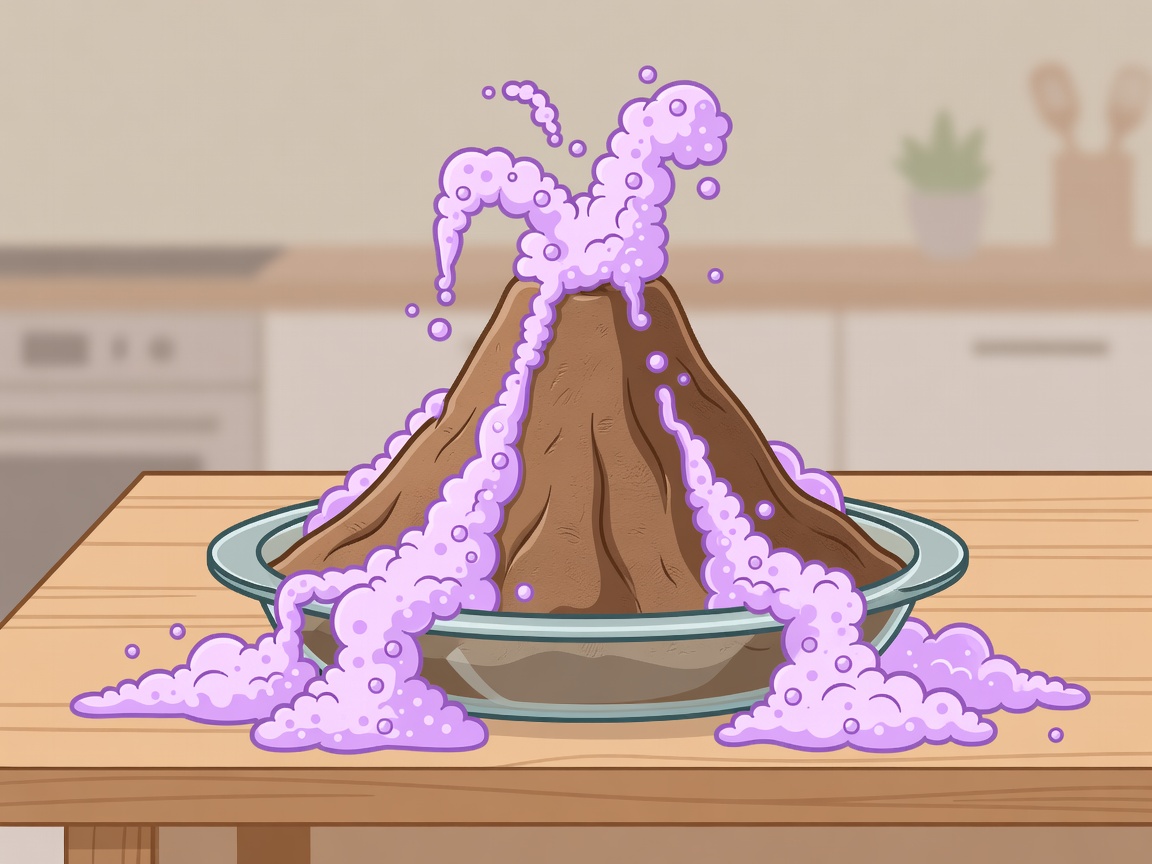 Flat vector illustration of a clay volcano overflowing with lilac foam on a kitchen table