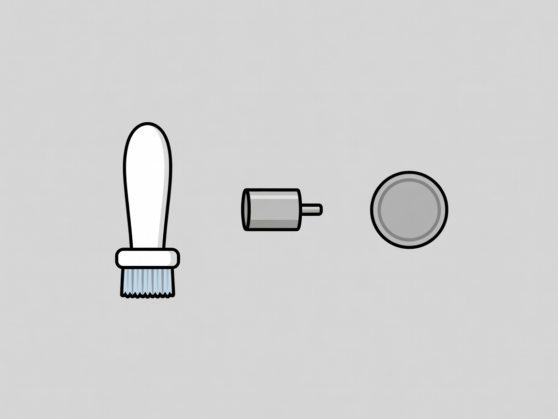 Flat vector illustration of a toothbrush head, a small vibration motor and a coin battery laid out for a bristlebot