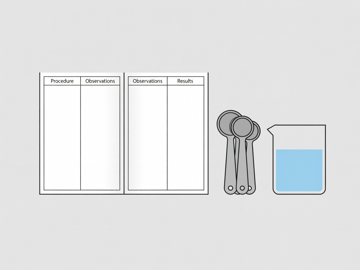 Flat vector illustration of an open lab notebook with three columns next to measuring spoons and a beaker