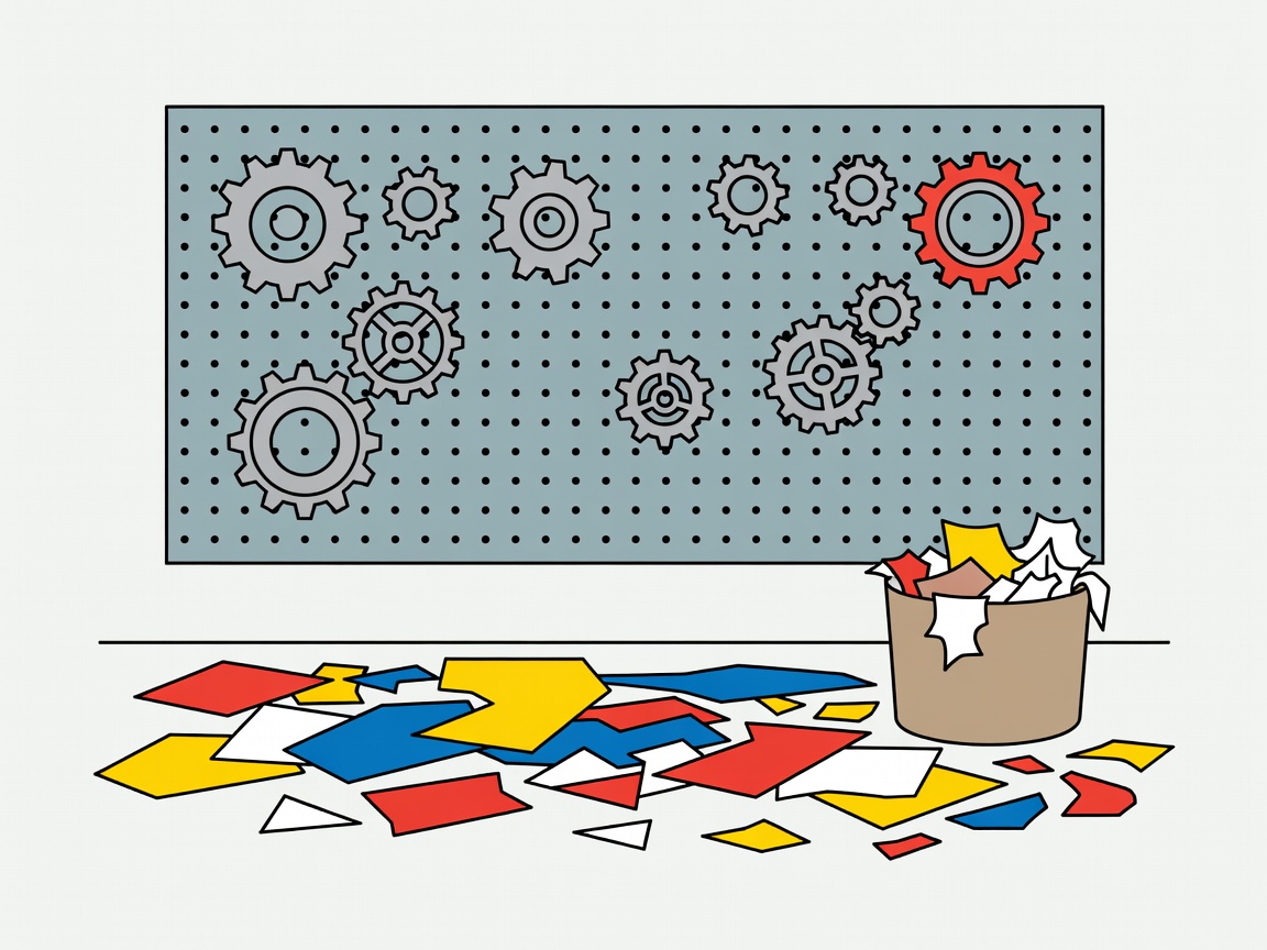 Flat vector illustration of gears, paper offcuts and a scrap basket under a workshop pegboard