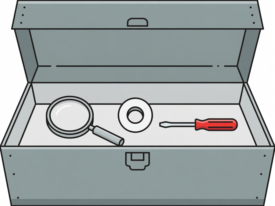 Flat vector illustration of an open toolbox with a magnifying glass, tape and a small screwdriver