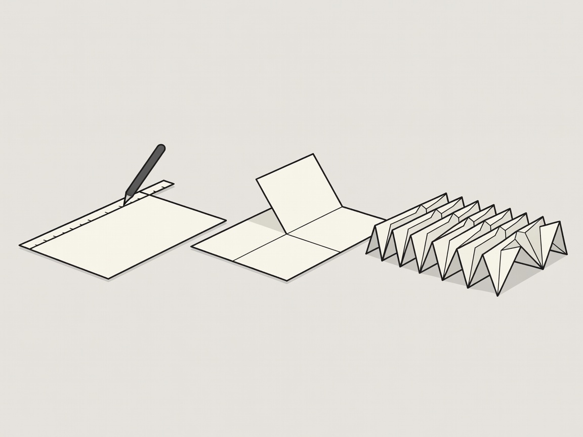Flat vector illustration showing card stock being scored with a ruler and folded into pleats