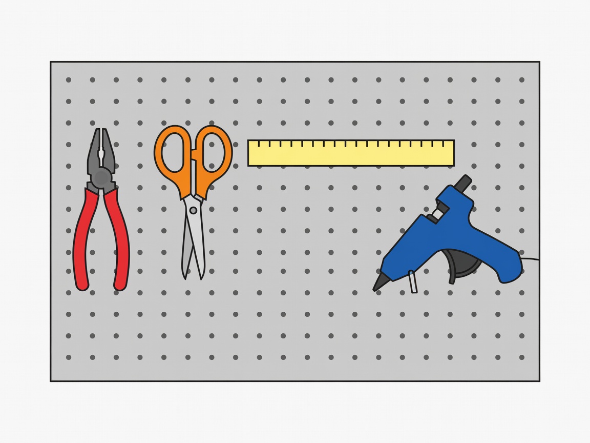 Flat vector illustration of a lilac pegboard with pliers, scissors, a craft knife and a glue gun hanging in neat rows