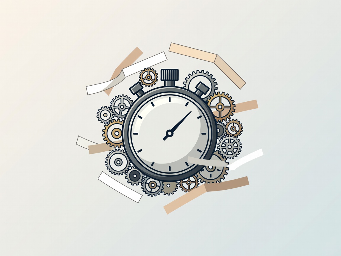 Flat vector illustration of a stopwatch surrounded by small gears and paper strips