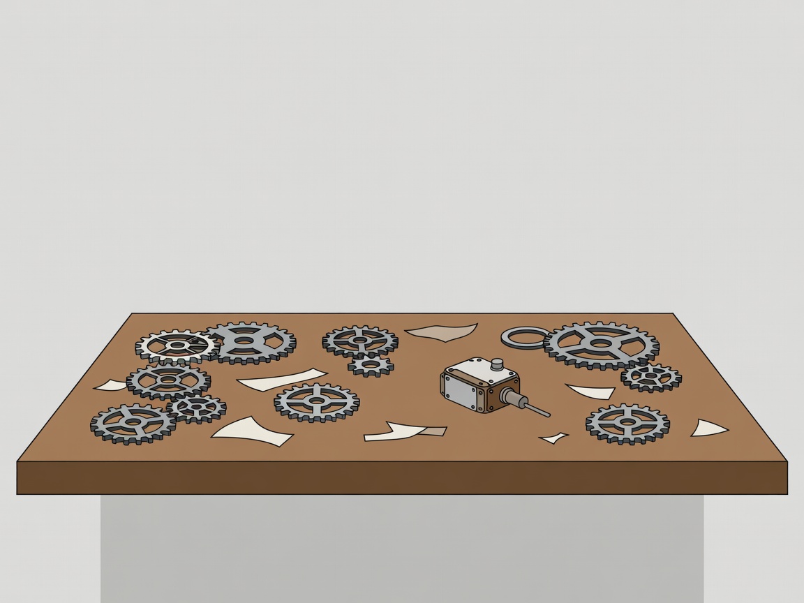 Flat vector illustration of a long studio workbench with a stopwatch, gears and paper projects